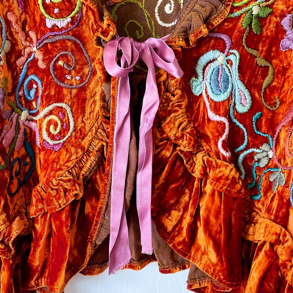 Magnolia Pearl Velvet Bolero Jacket Burnt Orange Embroidered Rare Vintage OS EUC - Picture 4 of 8